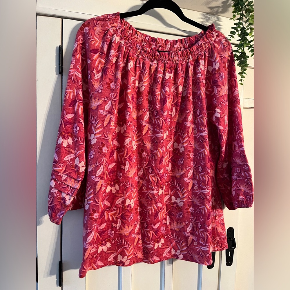 J. Jill 3/4 Sleeve Smocked Neckline Top Pink Florak nwt size m